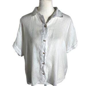 Rachel Roy 100% linen white short sleeve button front top Sz Medium